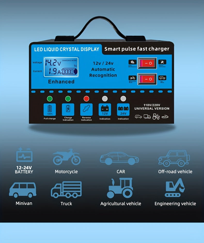 12V And 24V Intelligent Universal Battery Charger Inverter, with LCD Display Intelligent Maintenance Overcharge And Short Circuit Protection, Suitable for Intelligent Trickle Charging Maintenance of Various Cars, Yachts, And Batteries