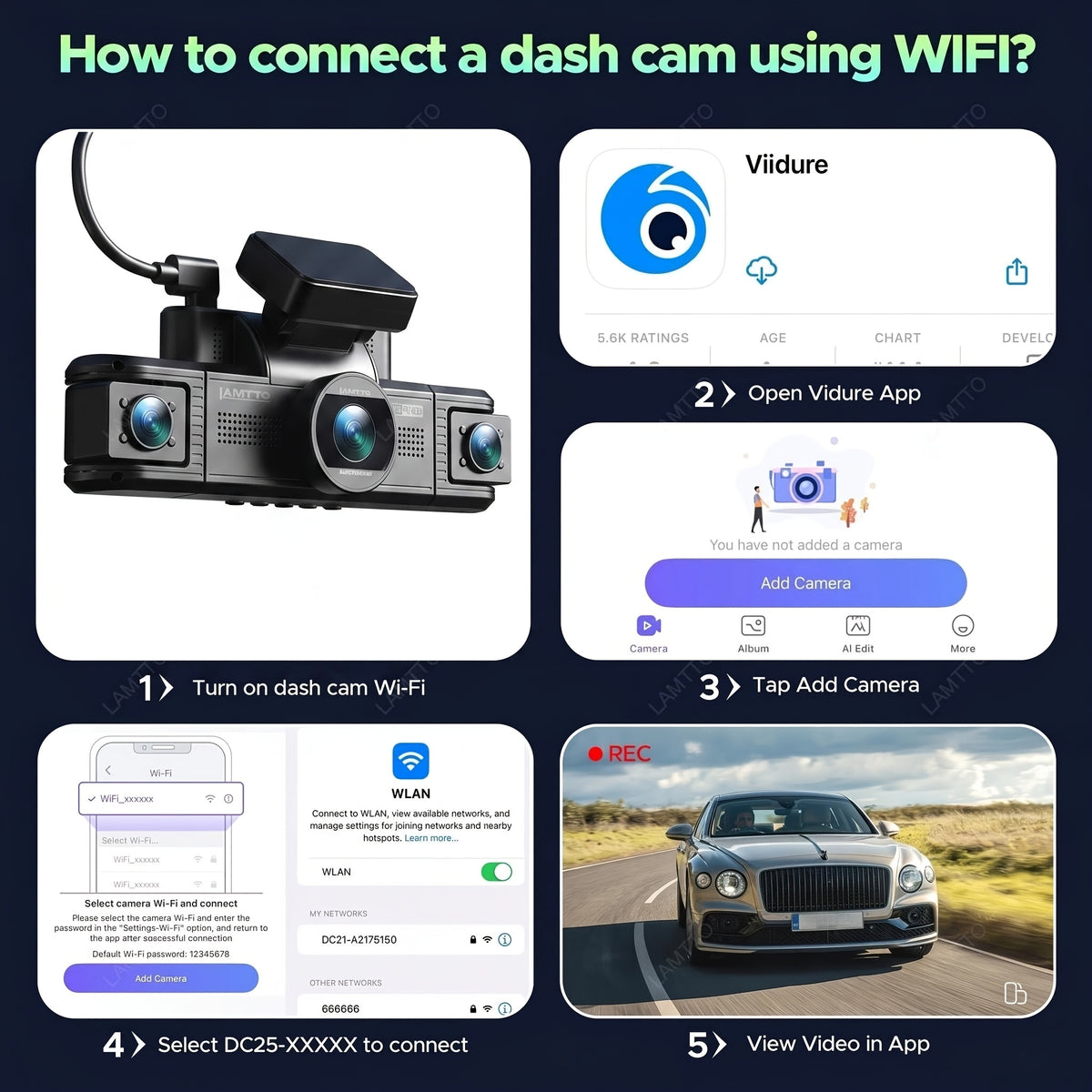 Lamtto 4 Channel Dashcam 360° View Dash Cam Front and Rear Inside 2K+1080P+1080P,+1080P, Dash Camera for Cars, 8 IR Lamps Night Vision, 5G WiFi & APP Control, G-Sensor, Parking Mode, with a Hardwire Kit