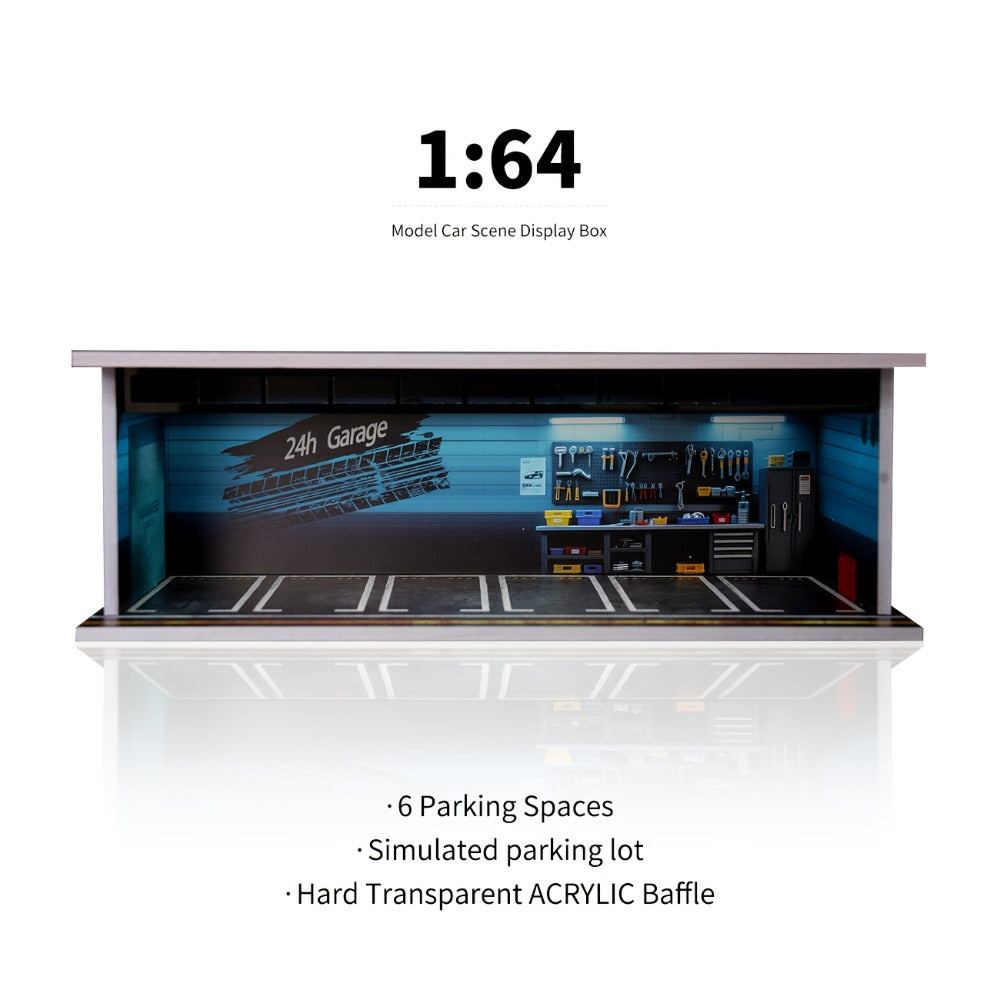 1/64 Scale Diecast Display Case with LED Light & Clear Acrylic Cover – Parking Garage Diorama Showcase with 6 Spaces for Die-Cast Model Cars, Collector Gift