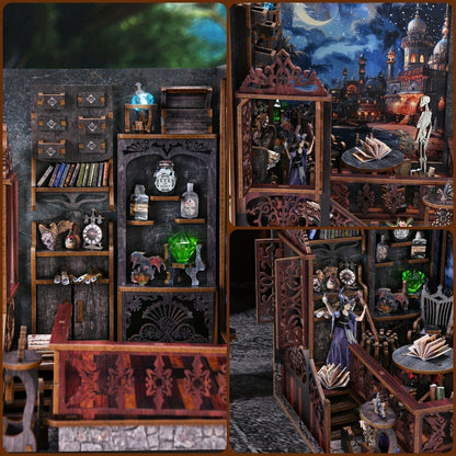 Halloween Book Nook Kit – Magic Mystery DIY Dollhouse Bookshelf Insert, 3D Wooden Witch Skeleton Miniature Scene, Whiteboard Shelf Decoration, Unique Gift for Book Lovers Adults Teens
