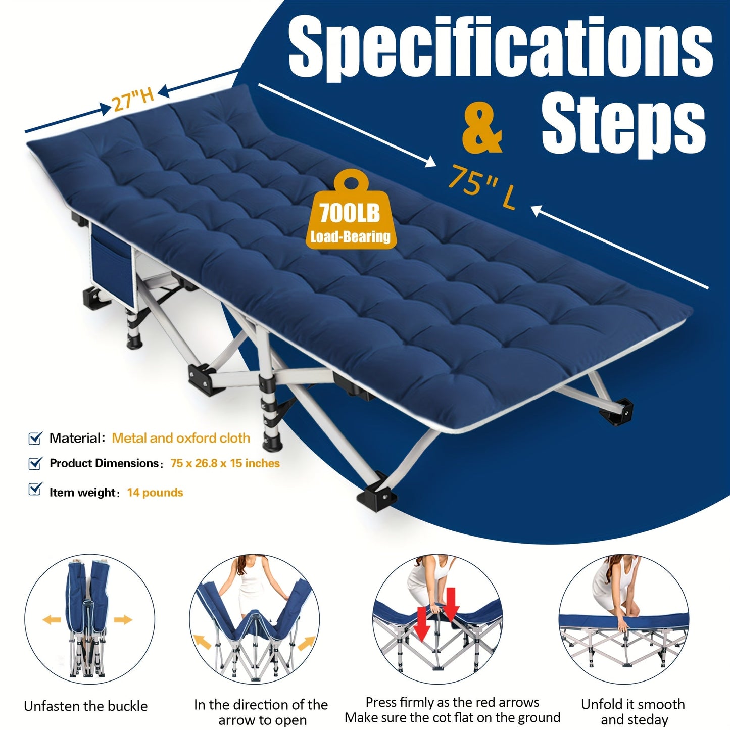 Folding Camping Cot with Mattress 75"-79" | Portable Sleeping Cot for Adults Kids & Teens | Home Office Beach Garden Fishing | Max Load 700-900 lbs