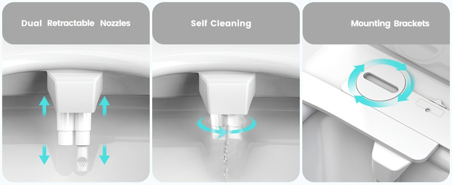 Bidet Attachment for Toilet - Dual Retractable Nozzle Non-Electric Self-Cleaning Fresh Water Bidet Sprayer, Adjustable Water Pressure, Fits Most Toilets, Brass T-Adapter & Metal Hose Included, Easy Install