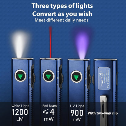 EDC Pocket Flashlight, 1200 Lumen Triple Light Source with White UV Red Beam & Laser, Type-C Rechargeable 5-Mode Mini LED Torch for Emergency, Camping & Everyday Carry