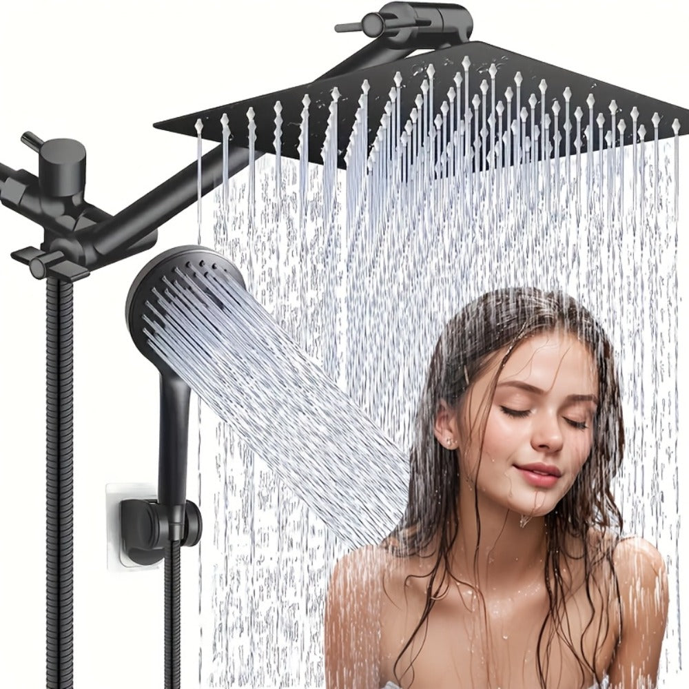 Rainfall Shower Head with Handheld Combo – 8" High Pressure Rain Shower, 5-Setting Adjustable, Anti-Leak with 11" Extension Arm, Holder & Hose, Height & Angle Adjustable