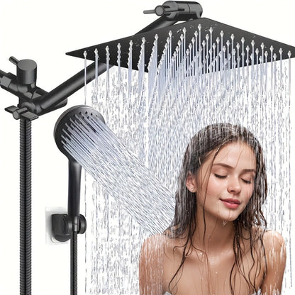 Rainfall Shower Head with Handheld Combo – 8" High Pressure Rain Shower, 5-Setting Adjustable, Anti-Leak with 11" Extension Arm, Holder & Hose, Height & Angle Adjustable