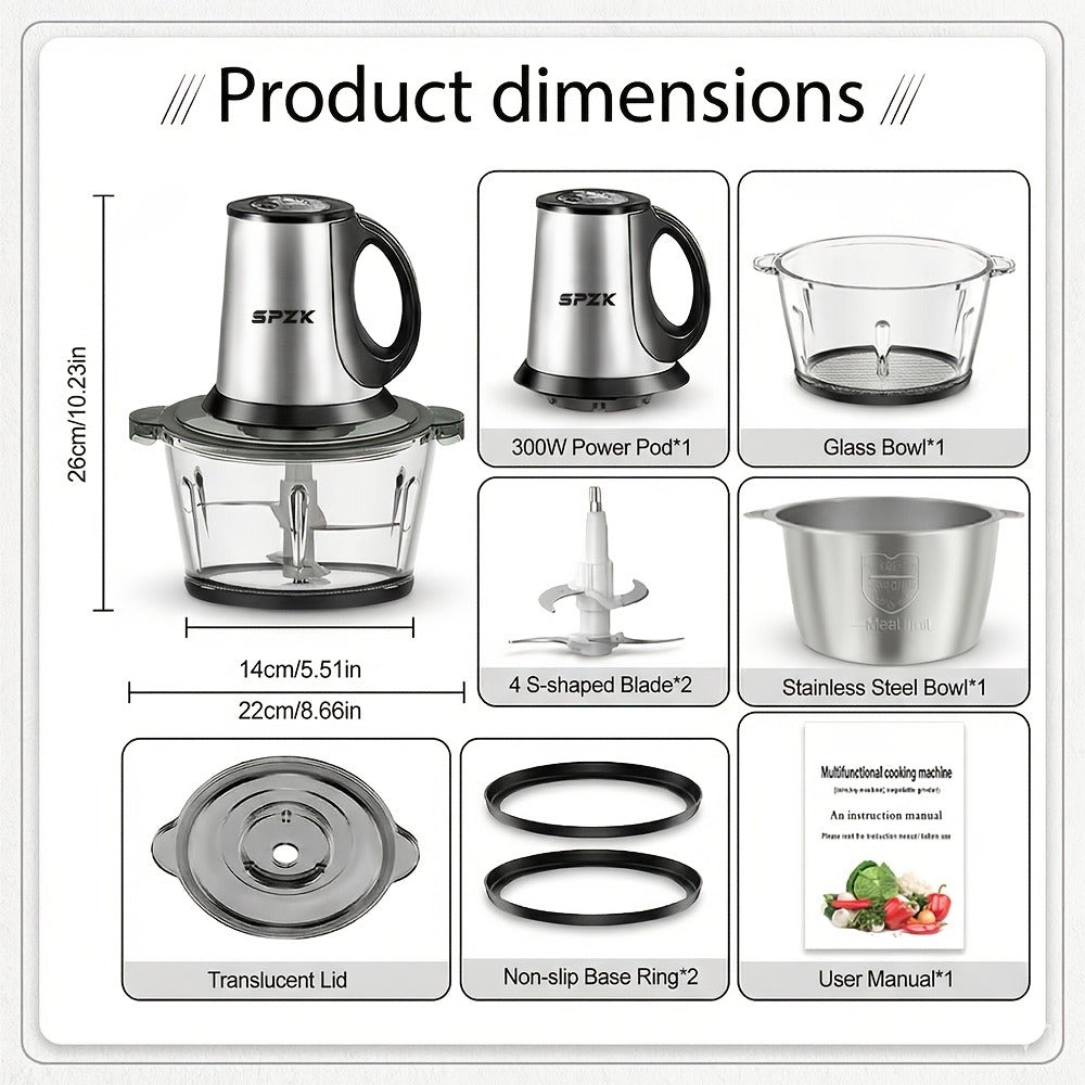 Electric Food Chopper with 2 Bowls & 2 Blades – Multi-Function Food Processor, Meat Grinder & Vegetable Chopper for Meats, Salads, Nuts, Garlic & More