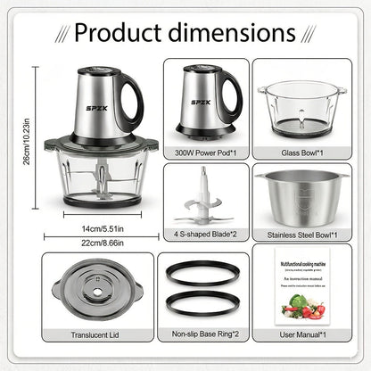 Electric Food Chopper with 2 Bowls & 2 Blades – Multi-Function Food Processor, Meat Grinder & Vegetable Chopper for Meats, Salads, Nuts, Garlic & More