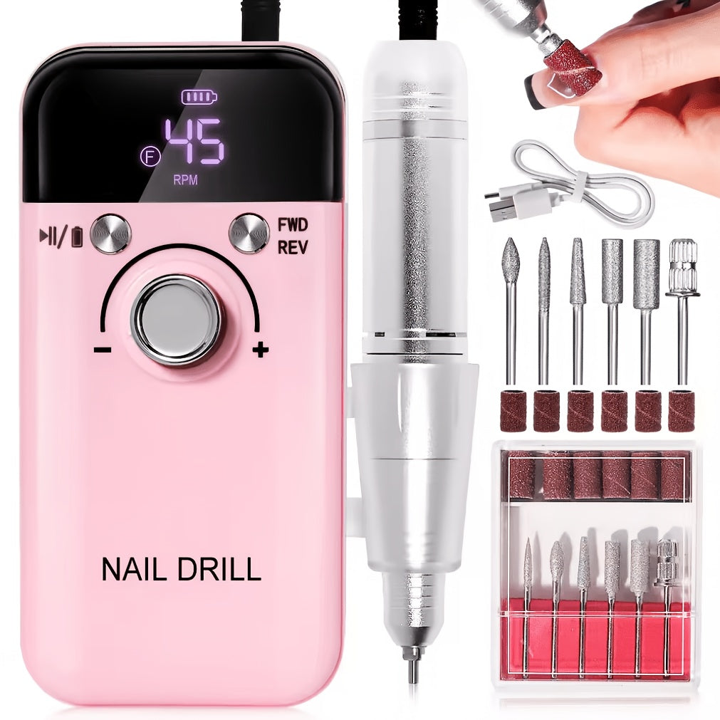 Nail Drill 45000 RPM Rechargeable Professional Electric Nail File Kit with Drill Bits Sanding Bands Low Noise Portable Manicure Pedicure Polishing Set for Salon Home Women Nail Techs