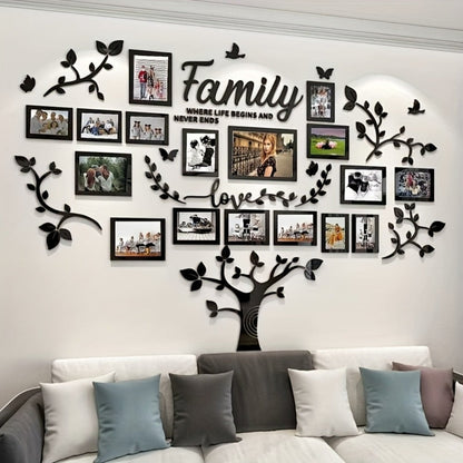 Family Tree Wall Sticker 3D Acrylic Photo Frame Collage – Removable Leaf-Shaped Picture Display with "Family" & "Love" Text, Peel & Stick Living Room Wall Decor, 81.5 x 57.48 Inches