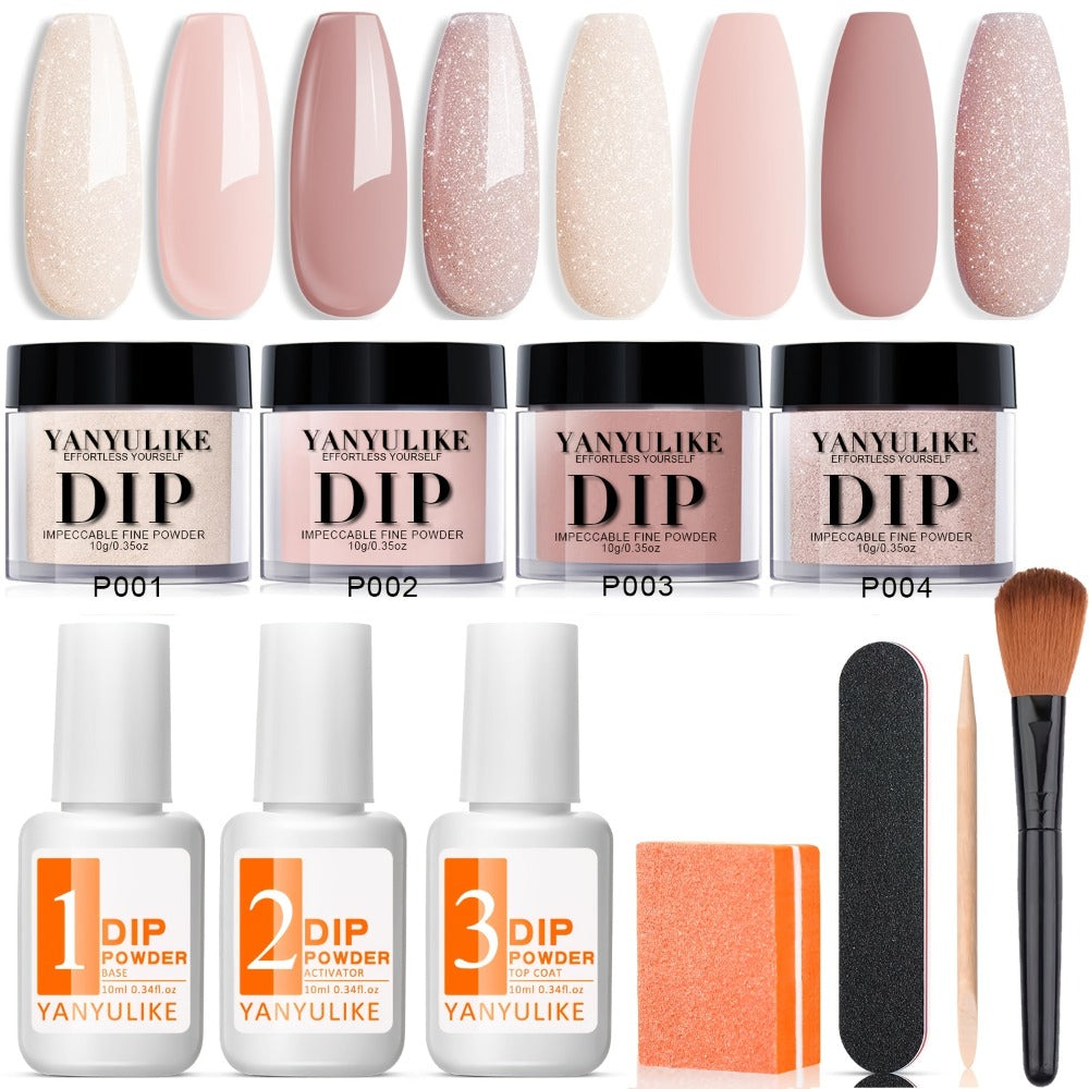 Nude Shimmer Dip Powder Nail Kit for Beginners 4 Colors with Base Coat Top Coat & Activator – Complete No Lamp Nail System for Home Salon DIY Nail Designs Gift for Women