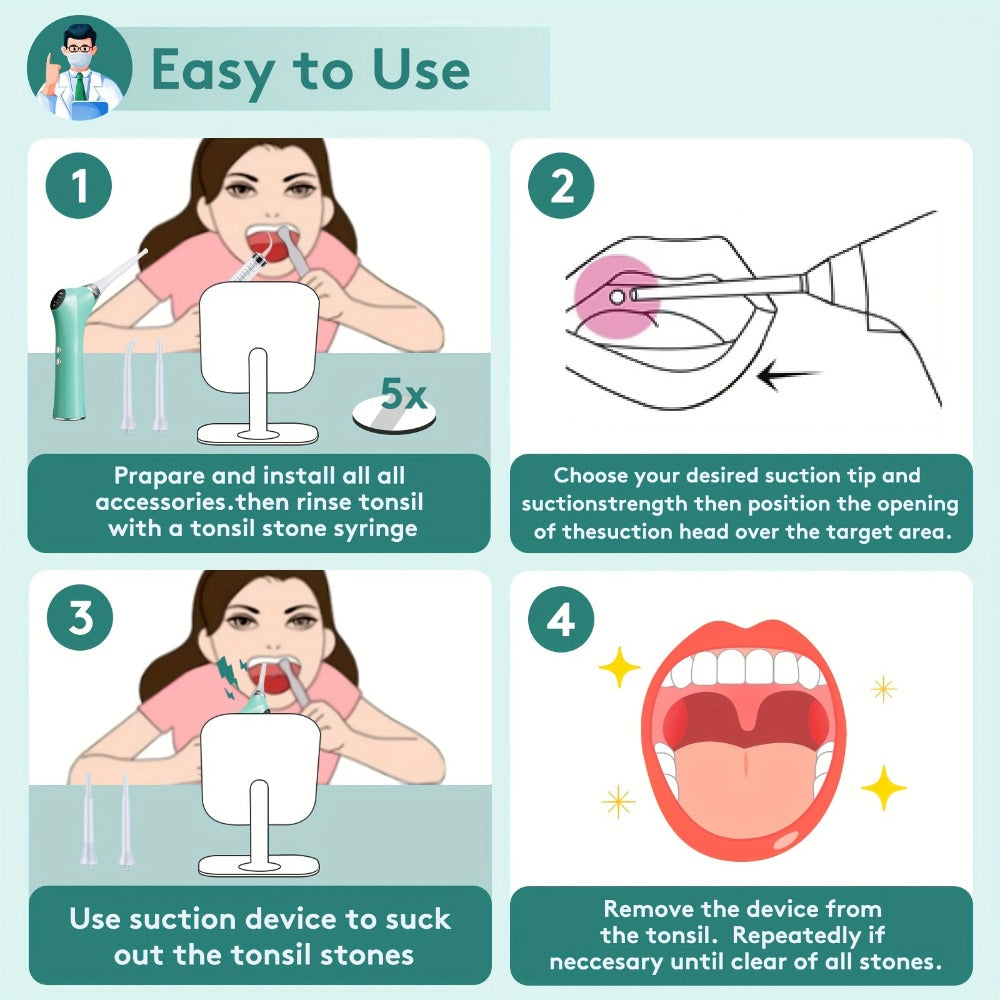 Tonsil Stone Remover Electric Vacuum Kit with LED Light – 3 Suction Modes 5X Magnifying Mirror Oral Irrigator Safe Gentle Tonsillolith Removal Tool for Adults at Home Use Rechargeable Portable