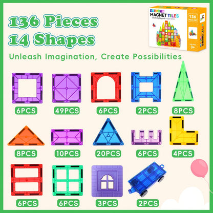 Magnetic Tiles for Kids 106/136pcs with 2 Toy Cars – STEM Approved Educational Magnet Building Blocks Set Stacking Puzzle Toy for Boys & Girls Ages 3+, Best Birthday Christmas Holiday Gift