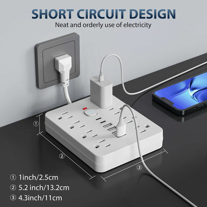 Power Strip Surge Protector 14-in-1 with 8 AC Outlets, 4 USB & 2 Type-C Ports – Flat Plug Space-Saving Extension Cord, Compact Multi-Plug Outlet Expander for Home Office Desk & Kitchen
