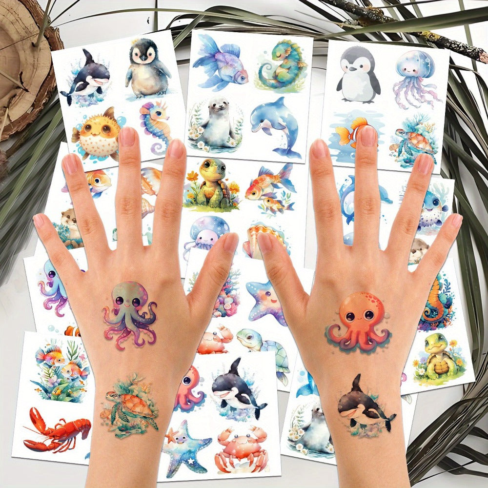 Ocean Animals Temporary Tattoo Stickers 12 Sheets 48 Designs Underwater Sea Creatures Cartoon Vibrant Body Art for Kids Adults Birthday Party Summer Beach Favors