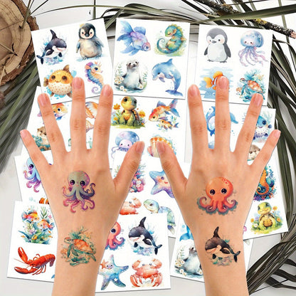 Ocean Animals Temporary Tattoo Stickers 12 Sheets 48 Designs Underwater Sea Creatures Cartoon Vibrant Body Art for Kids Adults Birthday Party Summer Beach Favors