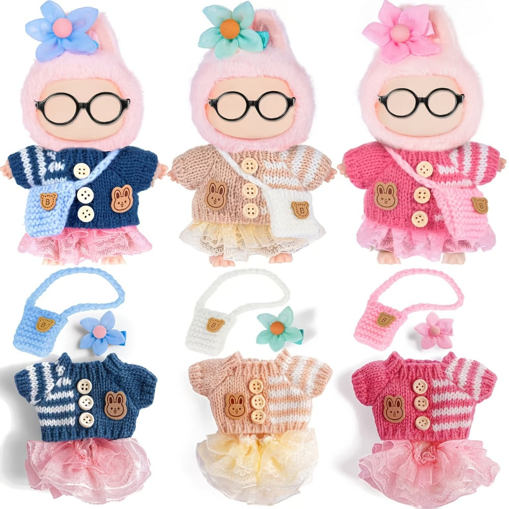 Labubu Doll Clothes 3 Sets Knit Tops Bubble Tulle Skirts Floral Hair Clips Bags for 17cm Plush Dolls Fashion Outfit Gift for Girls Kids Ages 3+ Birthday Christmas