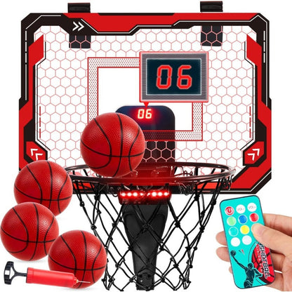 Indoor Basketball Hoop for Kids Over the Door – Light Up LED Scoreboard 4 Balls Air Pump 3 Game Modes 7 Light Shows, Active Sport Toy Gift for Boys Girls Ages 3 to 14 (Red)