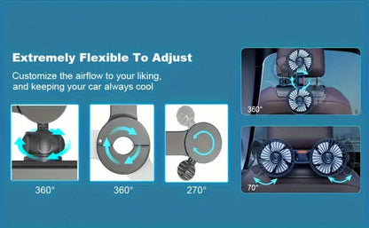 Car Fan for Back Seat - Dual Head USB Cooling Fan, Foldable 360° Rotation, Ultra-Quiet Motor, 70-Inch Cord, for Vehicle, Home & Office Use