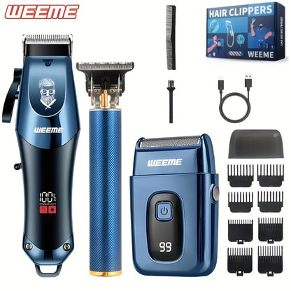 Hair Clipper Grooming Kit for Men USB Rechargeable with LCD Display | 8 Guide Combs Trimmer Shaver Set | Professional Home Hair Cutting Kit | Single 2pcs 3pcs Options Gift Set for Men