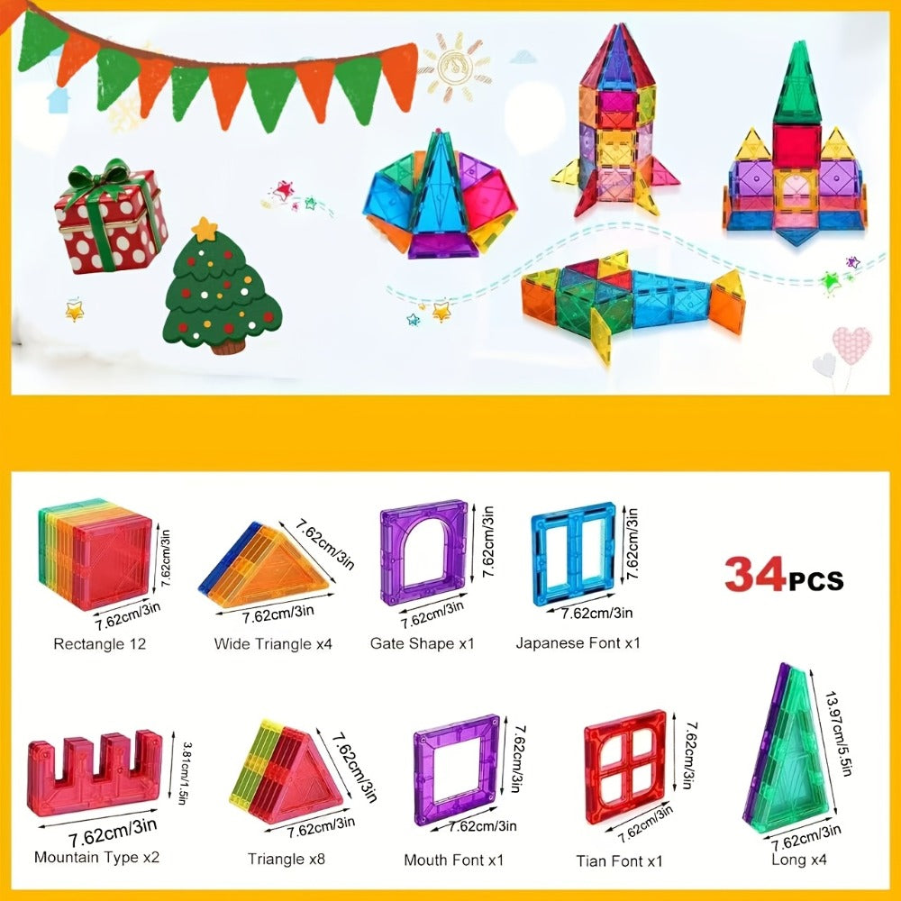 Toddler Magnetic Tiles 34 Piece Starter Set – STEM Magnetic Building Blocks for Kids Ages 3+, Creative Construction Toy for Boys & Girls, Birthday Christmas Gift