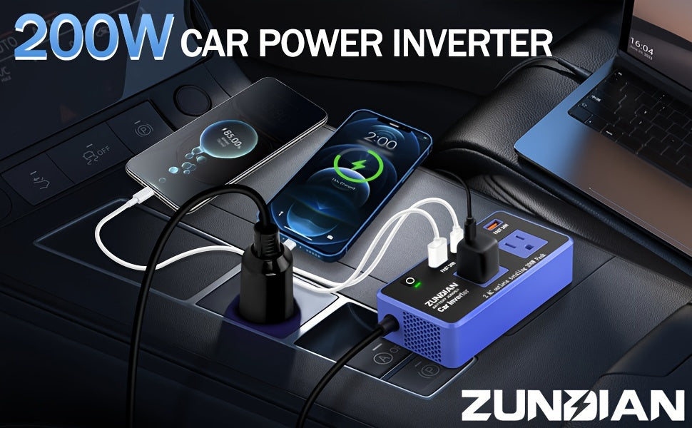 Power Inverter for Vehicles Car Accessories, USB Charger DC 12V to 110V Converter 200W Inverter Car Charger Adapter Outlet with USB Ports 4.8A 24W USB-C USB-A, Car Plug Adapter for Laptop Travel Camping Road Essentials Power Converter