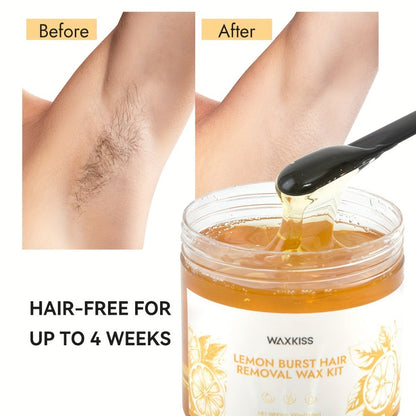 Sugar Wax Hair Removal Kit 300g - Gentle Soft Wax with Strips & Sticks for Body Hair Removal, Lemon or Activated Carbon Formula, Residue-Free At-Home Waxing for Women