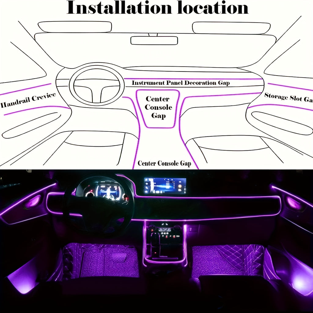 315-Inch 6-In-1 RGB Multi-Color Automotive LED Built-In Light Strip, Lighting Kit, Remote Control And APP Control, Automotive On-Board Plug-In LED Light Strip with Music Synchronization Mode, Battery-Free