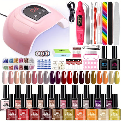 Gel Nail Polish Kit with UV LED Lamp 20 Colors Red & Pink Shades - All-in-One Soak-Off Starter Set with Base Coat Top Coat for DIY Home Salon Manicure, Gift for Women