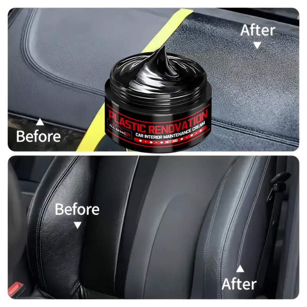 Car Plastic Restorer & Black Interior Trim Polish - Scratch Repair Paste, Anti-Aging Refurbishment Wax for Dashboard, Bumper, Tire Shine & Leather Seat Care, Works on All Car Interiors & Exteriors (30g + Sponge)