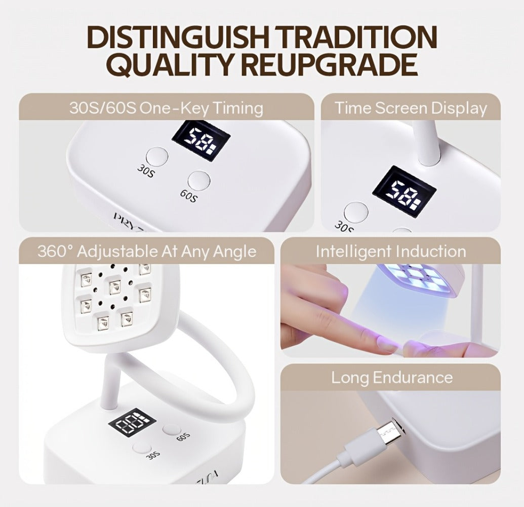 Gooseneck LED Nail Lamp 360° Flexible Portable USB Rechargeable Gel Nail Dryer Auto Sensor LCD Display 2 Timer Settings 9-Bead Dual Light Quick Dry for Home Salon Gel Polish Nail Art White