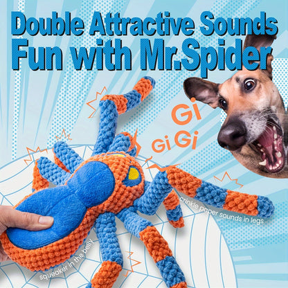 Squeaky Spider Dog Toy - Interactive Crinkle Tug of War Plush Dog Toy with Squeaker Head & Flexible Legs, Durable Large Dog Toys to Keep Dogs Busy, No Battery Needed, Red & Blue Spider Styles