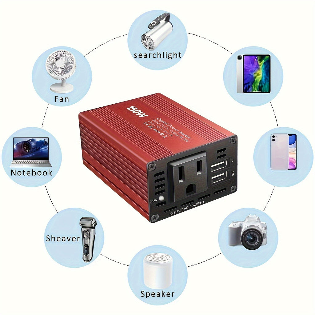 150W Car Power Inverter 12V DC to 110V AC Converter Vehicle Adapter Plug Outlet with 3.1A Dual USB Car Charger for Laptop Computer