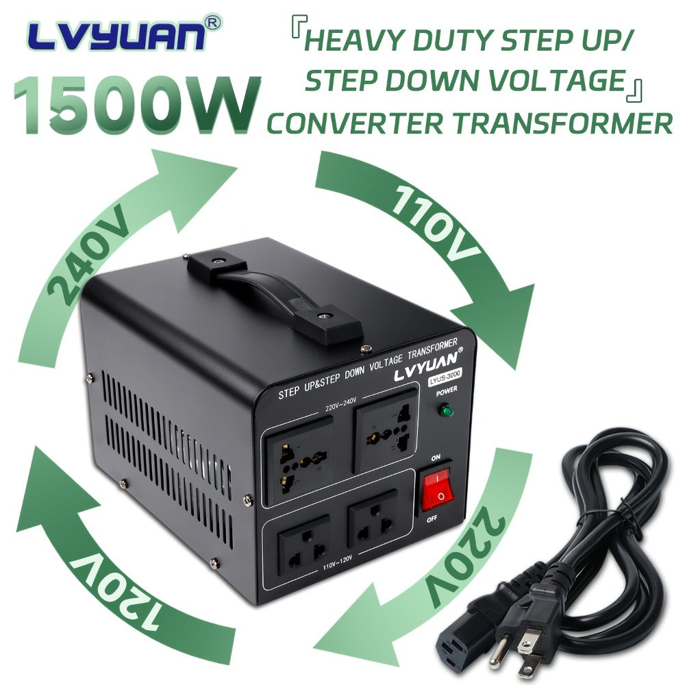 Voltage Converter Transformer 1500W Step Up Step Down - Converts 110V-120V to 220V-240V & Vice Versa, 2 US Outlets & 2 Universal Outlets, Resettable Circuit Breaker, International Travel Power Supply
