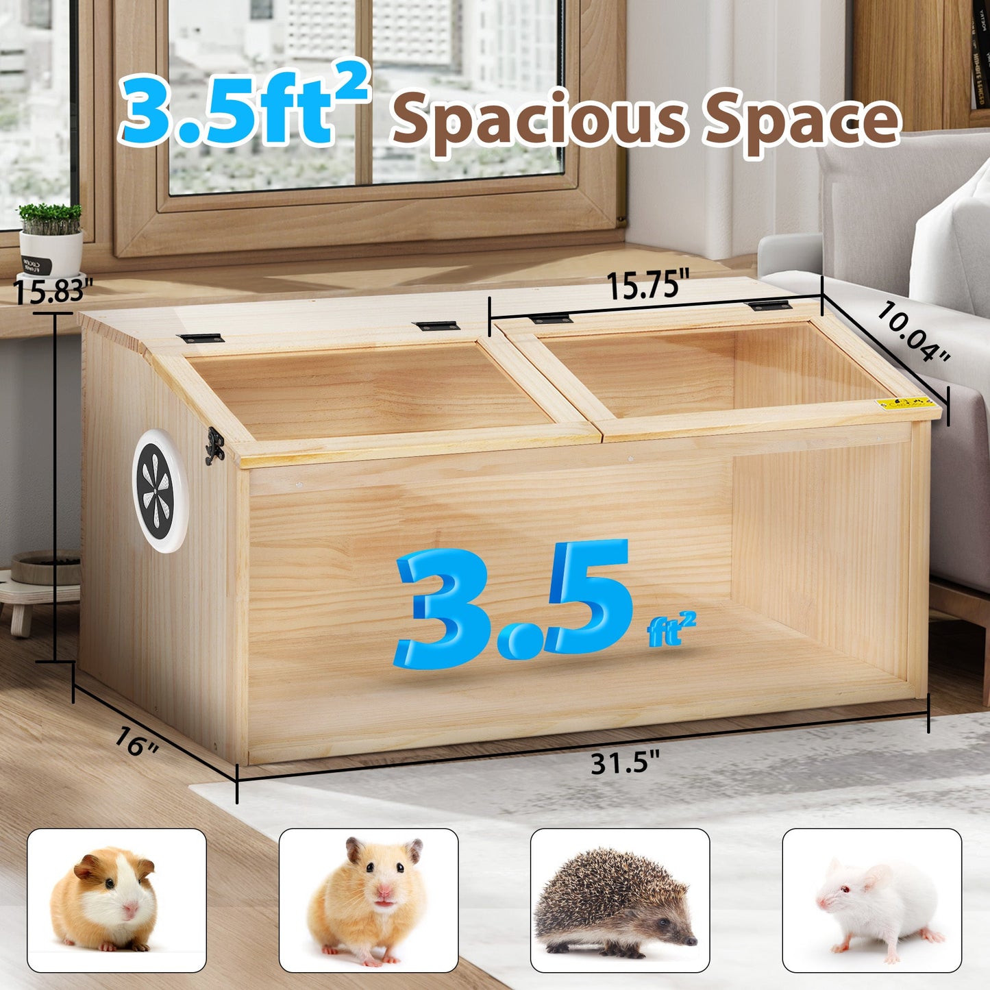 Large Hamster Cage Wooden Enclosure – 32"L x 16"W x 16"H with Acrylic Window & Openable Top | Small Animal Habitat for Guinea Pig, Chinchilla & Gerbil | Clear Visibility, Ventilated, Easy Clean