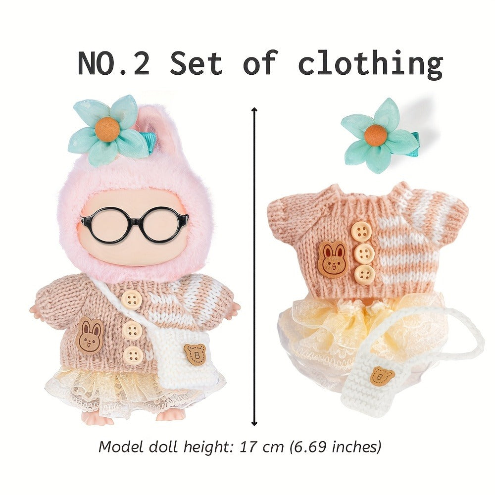 Labubu Doll Clothes 3 Sets Knit Tops Bubble Tulle Skirts Floral Hair Clips Bags for 17cm Plush Dolls Fashion Outfit Gift for Girls Kids Ages 3+ Birthday Christmas