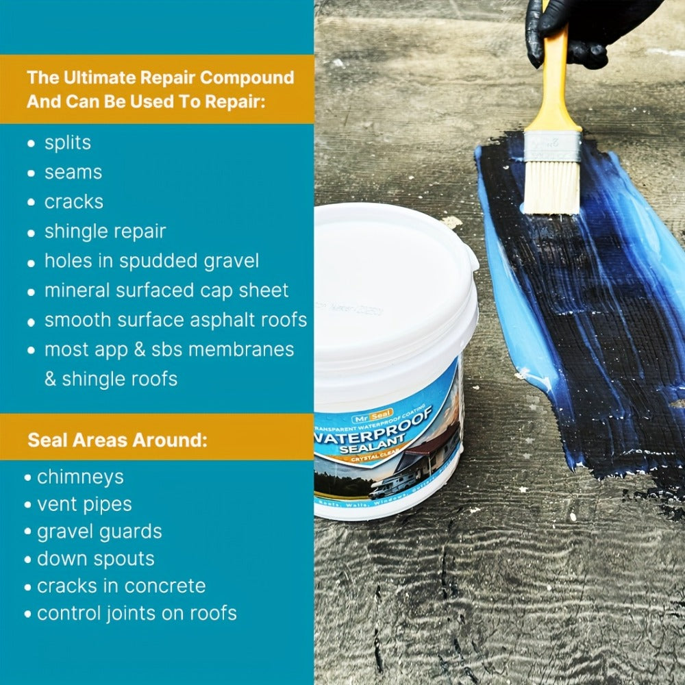 Clear Waterproof Sealant 1000g - Transparent Adhesive for Roof, RV, Wall, Pipe & Tile Leak Repair, Indoor & Outdoor, Includes Brush