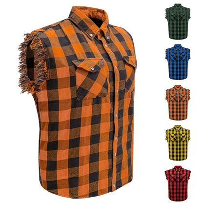 Men's Plaid Sleeveless Shirt with Fringe Hem, Checkered Cotton Button-Up Vest Top, Crew Neck Regular Fit for Streetwear Beach Vacation, Sizes M-XXXXL, Multi-Color