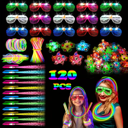 Glow in the Dark Party Supplies 120 Piece Set – Neon Glow Rings LED Glasses Glow Sticks & Fiber Optic Hair Clips for Blacklight Birthday Party, Wedding, Concert, Rave & New Year's Eve