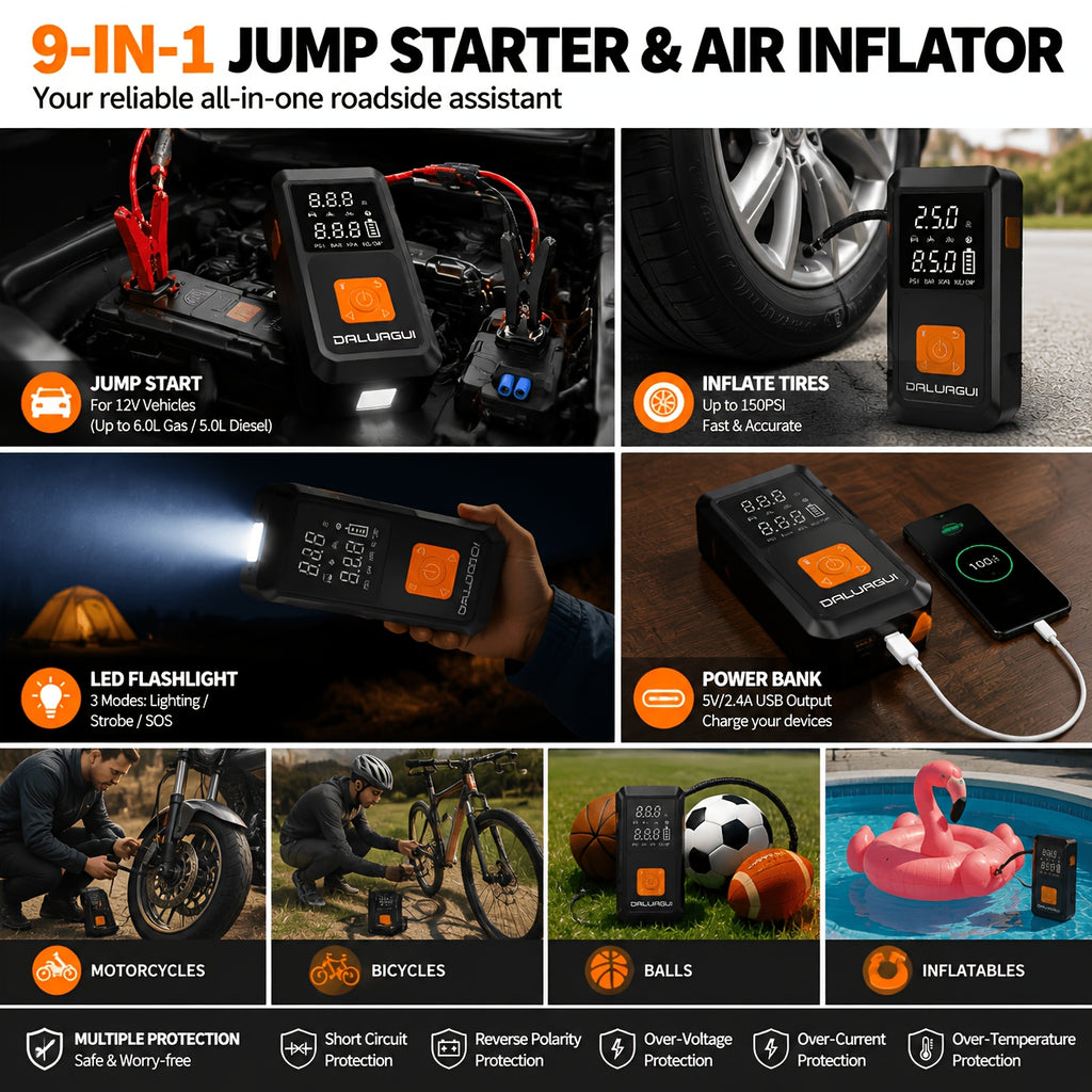 DALUAGUI -10000A Peak Emergency Jump Starter Power Supply with Air Pump, 9-in-1 Function, 12V Car Battery Charger, 150 PSI Fast Tire Inflator, LED Flashlight, USB, Suitable for Gasoline And Diesel Vehicles, SUVs, And Trucks. Ideal As A Holiday Gift.