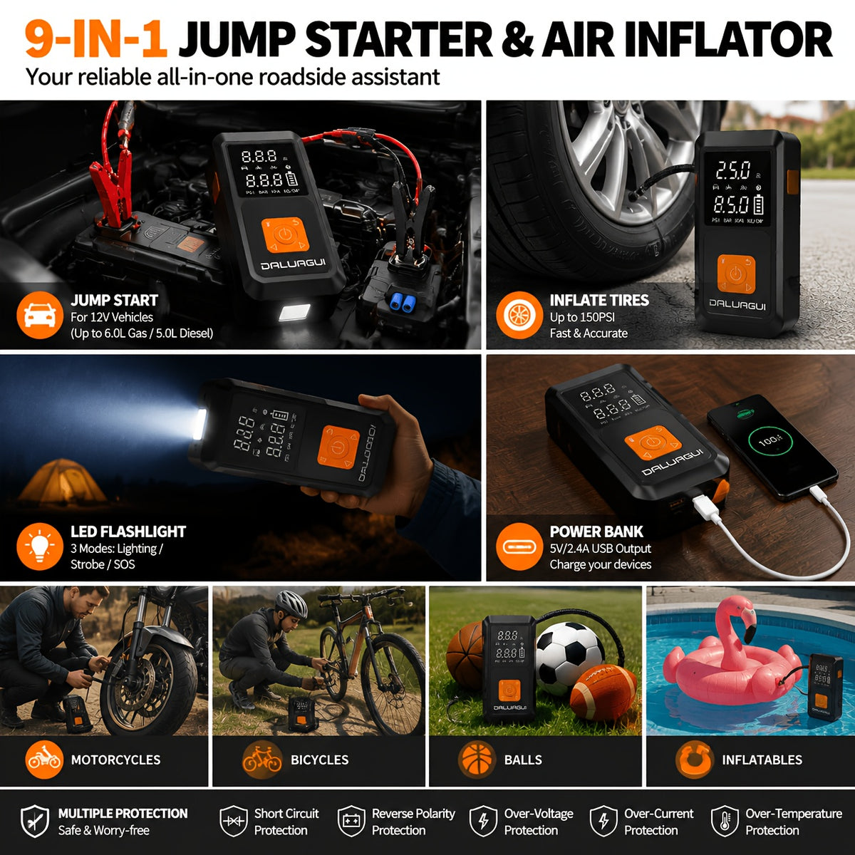 DALUAGUI -10000A Peak Emergency Jump Starter Power Supply with Air Pump, 9-in-1 Function, 12V Car Battery Charger, 150 PSI Fast Tire Inflator, LED Flashlight, USB, Suitable for Gasoline And Diesel Vehicles, SUVs, And Trucks. Ideal As A Holiday Gift.