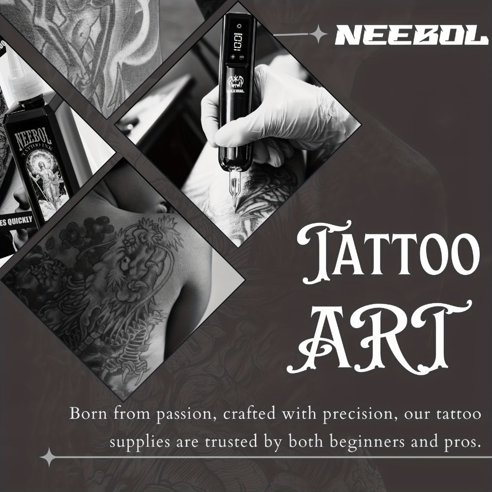 Wireless Tattoo Gun Kit – Neebol Cordless Rotary Tattoo Machine with 2000mAh Battery, 10 Cartridge Needles, 7 Inks, Green Soap & Tattoo Supplies – Portable Beginner & Artist Set