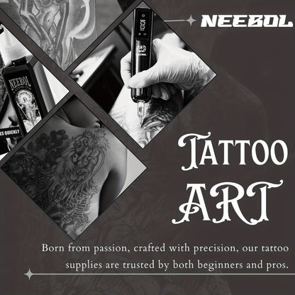 Wireless Tattoo Gun Kit – Neebol Cordless Rotary Tattoo Machine with 2000mAh Battery, 10 Cartridge Needles, 7 Inks, Green Soap & Tattoo Supplies – Portable Beginner & Artist Set