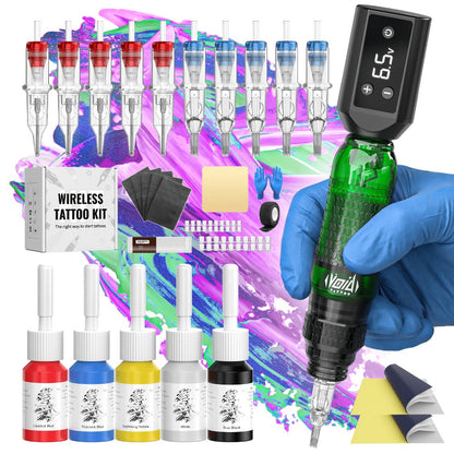 Rotary Tattoo Pen Machine Kit — 1200mAh Battery, LED Display, 4.0mm Stroke, Anti-Slip Grip, Adjustable 4-12V, Universal Cartridge Compatible, Cosmic Violet & Aurora Green for Beginners & Artists
