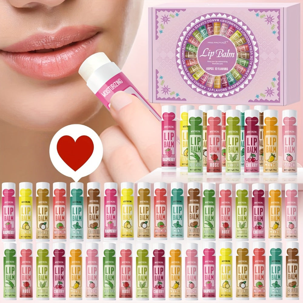 Lip Balm Gift Set 48pcs MISS FACTORX - Moisturizing Glycerin Lip Butter, Hypoallergenic Natural Finish for All Skin Types, Unisex Adult Lip Care Variety Pack, Valentine's Day & Mother's Day Gift for Her