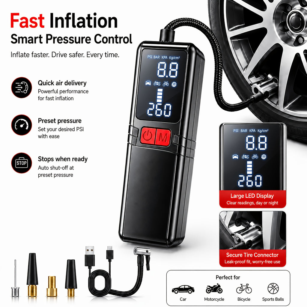 12000APortable Wireless Car Air Compressor Inflator Hand Pump with LED Lighting, Suitable for Cars/motorcycles/bicycles