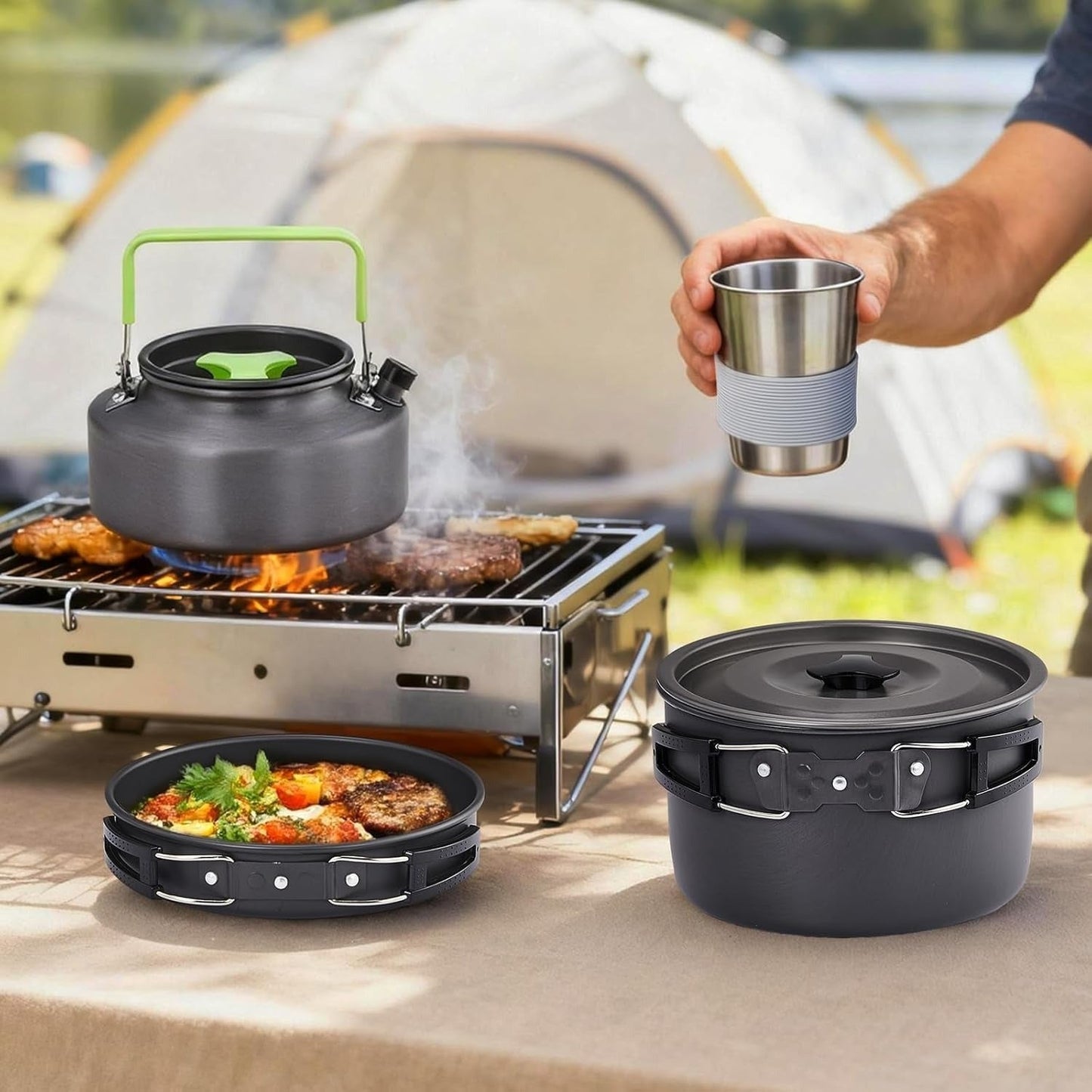 Backpacking Cookware Mess Kit 19/27pcs – Non-Stick Pot Pan Kettle with Stainless Steel Cutlery, Lightweight Camping Cook Set for Open Fire, Hiking & Outdoor Cooking