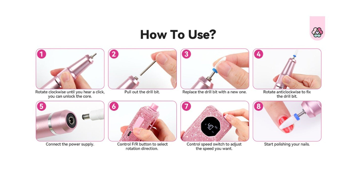 Electric Nail Drill 40000 RPM Rechargeable Professional Nail Drill Machine 4000mAh Battery LCD Display Ceramic Bits Sanding Bands for Acrylic Gel Nails Salon Home Use