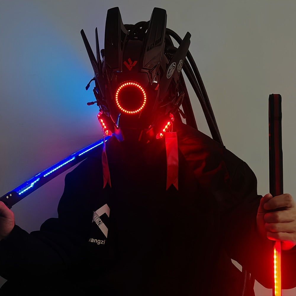 LED Punk Mask with Tubular Braids & Helmet – Futuristic Sci-Fi Mechanical Cosplay Mask for Halloween, Rave Music Festival & Party, Blue Green Pink, Handmade TPU PC Unisex Adult Costume Prop