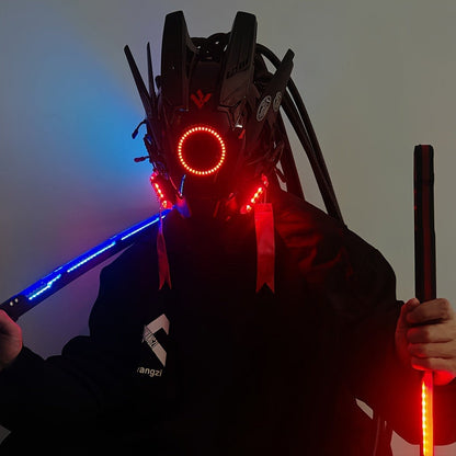 LED Punk Mask with Tubular Braids & Helmet – Futuristic Sci-Fi Mechanical Cosplay Mask for Halloween, Rave Music Festival & Party, Blue Green Pink, Handmade TPU PC Unisex Adult Costume Prop