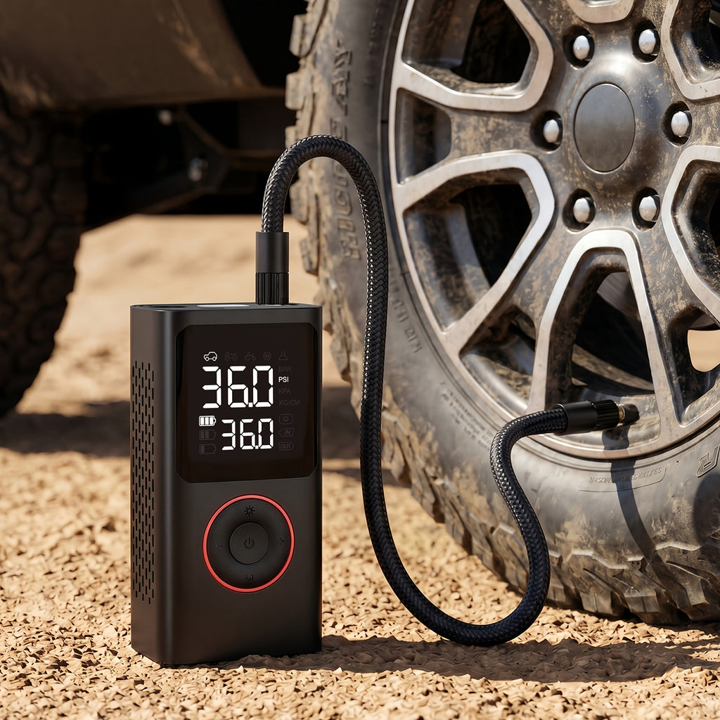 Portable Wireless Tire Inflator, 150PSI High-Pressure Air Compressor, 3x Faster Inflation, Digital Tire Pressure Display, 2000mAh X 2 High-Capacity Batteries, Auto-Stop When Full, Built-in LED Light, Multi-Function Inflation Nozzle